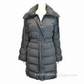 Women's down coat with elastic shirring, pockets on both sides, zipper in front